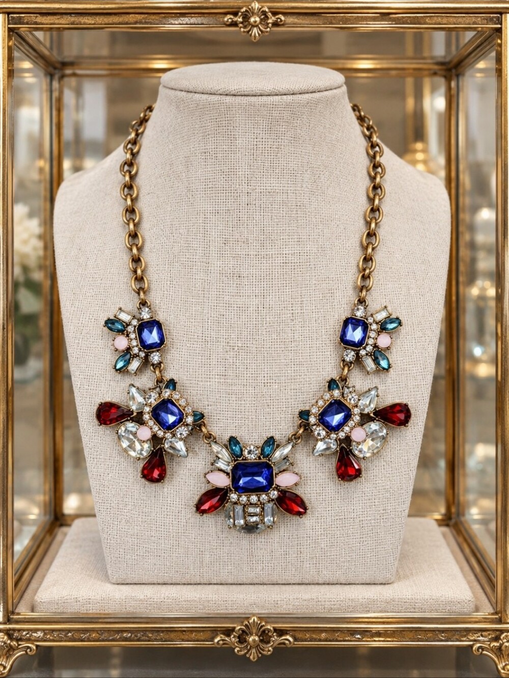 LOFT Domed Multi Shape Stones Rhinestone Statement Necklace Antiqued Brass EUC